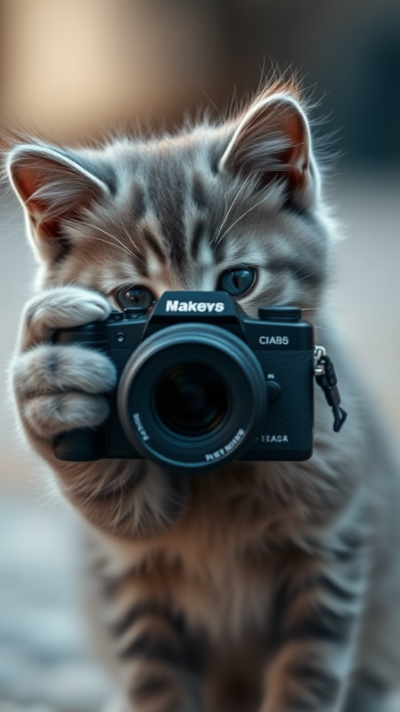 A gray kitten is taking pictures with a camera.