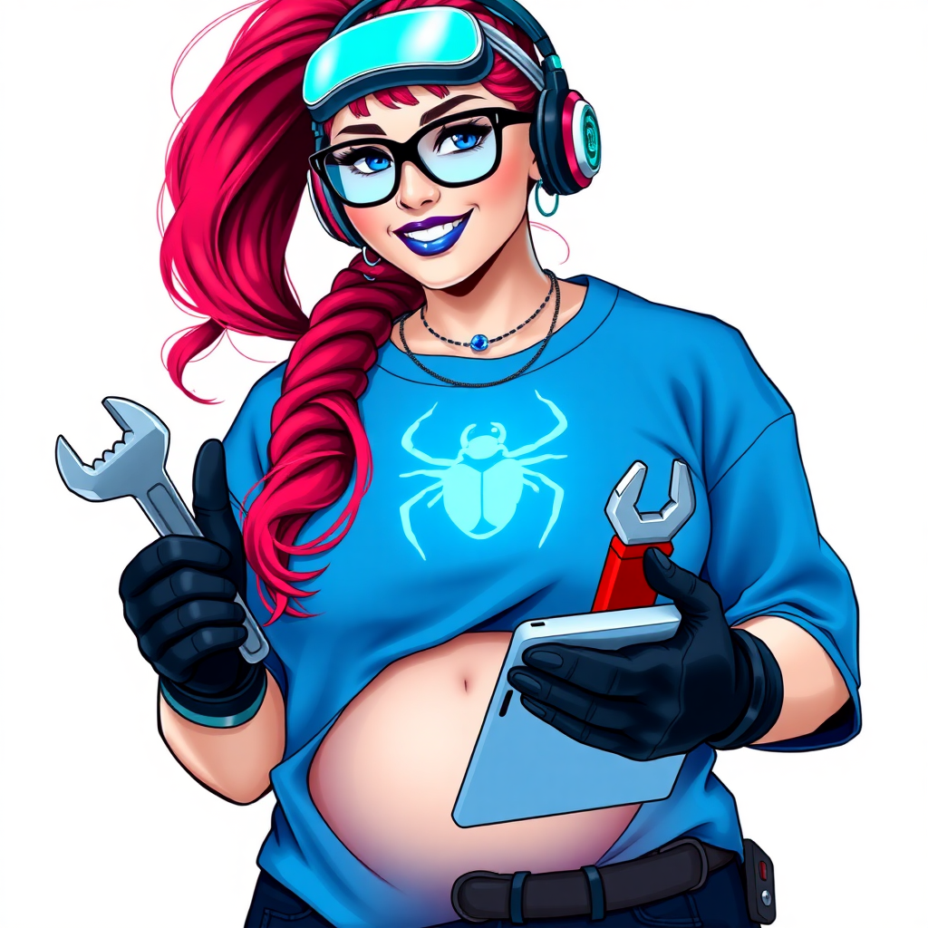 An intelligent and tech-savvy 29-year-old computer hacker and tech genius. She has a long ruby red ponytail. She wears maximum blue lipstick, blue eyes, a sapphire beetle gemstone necklace, sapphire earrings, black eyeglasses, hi-tech power gloves, and an oversized maximum blue t-shirt featuring a neon blue glowing beetle chest icon. She has a gargantuan full-figured physique with a round gargantuan midsection, reflecting her well-cared-for lifestyle. She sports a sapphire headset with a hi-tech maximum turquoise lensed HUD, and a beaming smile accentuated by a passionate neon red blush. She serves as his tech expert from his hideout, holding a futuristic tool wrench and a futuristic digital tablet. The background is solid white. She is drawn as if she was in a retro 2D cyberpunk fighting game.