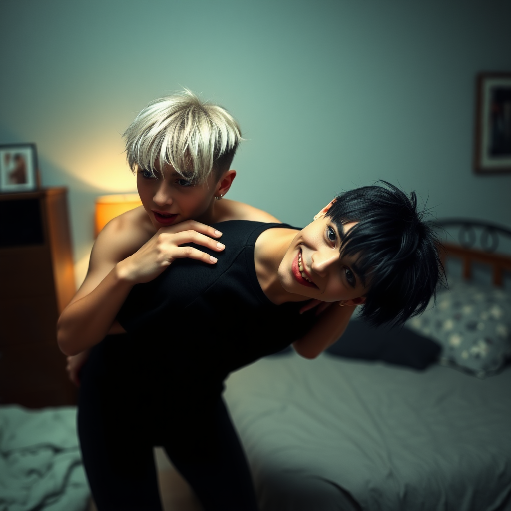 photorealistic, ultra high resolution, 16K, surreal fantasy, studio lighting, a pretty 16 year old goth male, slim male physique, short blonde hair, goth makeup, earrings, pantyhose, white ballet shoes, playing with dark haired his 16 year old boyfriend in the bedroom - he is bending forward, while the boyfriend stands up behind him and rests his hands on the boys shoulders, excited smile, facing the camera.