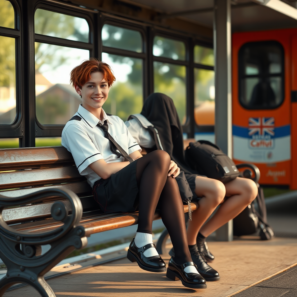 photorealistic, ultra high resolution, 16K, surreal fantasy, soft studio lighting, a pretty 18 year old goth male, slim male physique, auburn hair, goth makeup, earrings, shiny black pantyhose, UK girls-school uniform, Mary-Jane shoes, sitting on his boyfriend's lap on a bench waiting for the school bus, in daylight, excited smile, facing the camera.