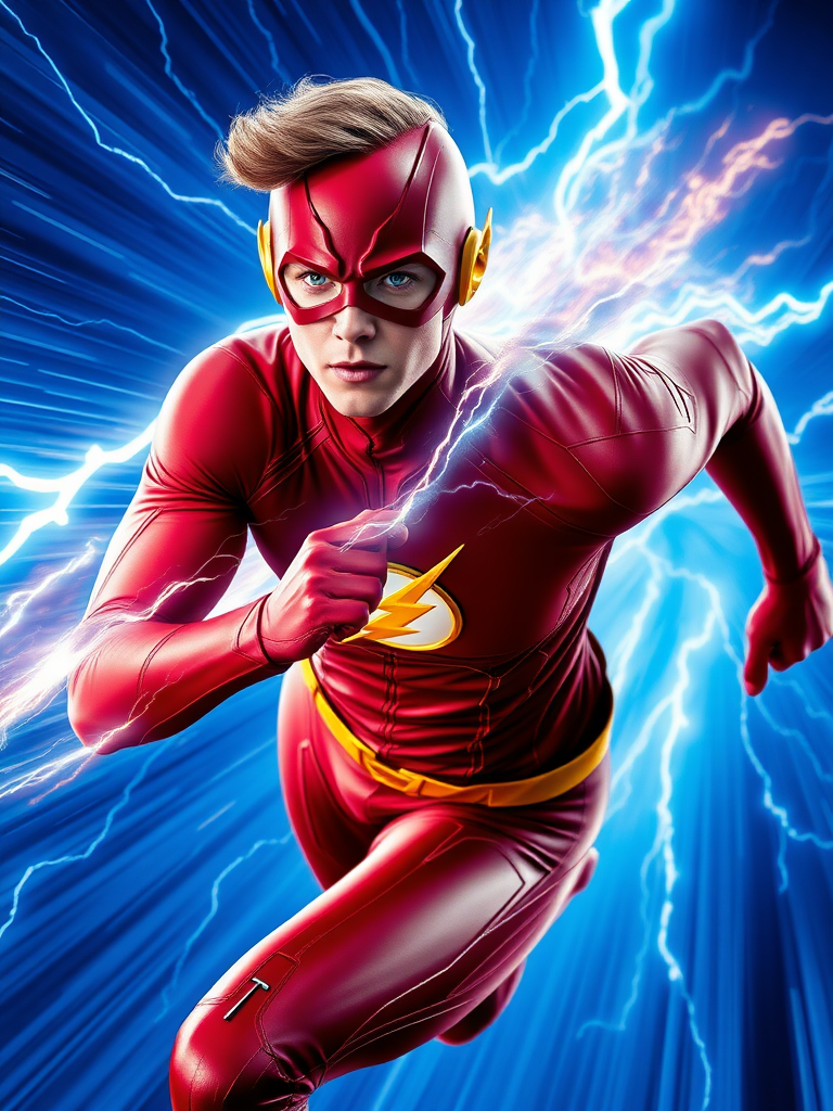 Grant Gustin's Flash sprints at blinding speed through the Speed Force, the vibrant energy of the dimension swirling around him in vivid, cinematic visuals. His figure streaks through an ultra-detailed landscape of electric blue lightning arcs, crackling across the screen as the Speed Force warps reality around him. The intricate details of his red suit gleam under the otherworldly cinematic light, with every seam and muscle contoured in photorealistic clarity. His face, focused and determined, cuts through the storm of light and distortion as he pushes his limits, leaving behind a trail of vibrant, glowing lightning in his wake.