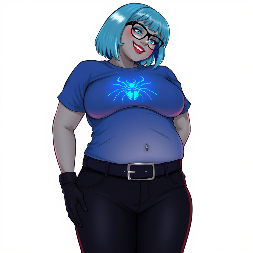 A 28-year-old, full-figured, metallic middle gray skinned computer program hybrid with a maximum blue bob cut. She has a non-athletic build, highlighted by a prominent, round midsection (with a focus on her belly). As a digital sidekick and computer hacker to her cyberpunk vigilante boyfriend, her middle gray metallic skin and maximum blue lipstick emphasize her digital nature. She wears a tight-fitting, maximum blue t-shirt (accentuating her belly) with a neon blue glowing chest icon of a beetle, black pants, a black belt with a sapphire scarab buckle, and black gloves. Her bright blue eyes, black eyeglasses, and lovestruck smile with neon red blush accentuate her nerdiness. She bows her head bashfully with her hands behind her back and a neon red blush, her t-shirt covering her midsection (especially her belly) and emphasizing her full-figured, non-athletic physique. She is on a solid white background. She is drawn as if she was in a retro 2D cyberpunk fighting game. She is clearly non-athletic, with a focus on her full figure. Ensure her t-shirt covers her midsection (especially her belly).