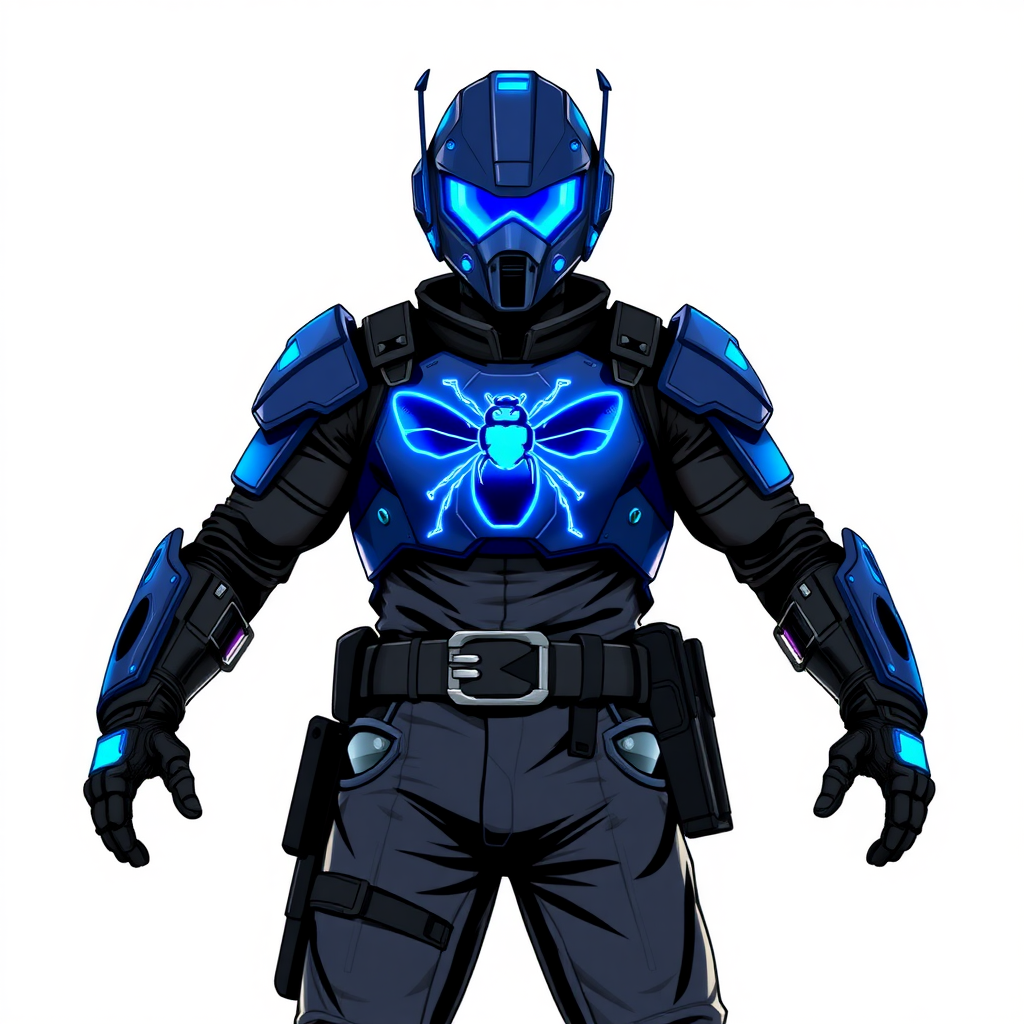 A 28-year-old cyberpunk vigilante stands heroically, clad in high-tech, maximum blue, light armor featuring a neon blue glowing beetle on the chest. They wear black biker pants, a black belt with a sapphire beetle buckle, and a head covering helmet resembling a sleek, tactical design, but colored maximum blue with neon blue glowing lenses. Their hands are protected by black metal gloves, all set against a solid white background. He is drawn as if he was in a retro 2D cyberpunk fighting game.