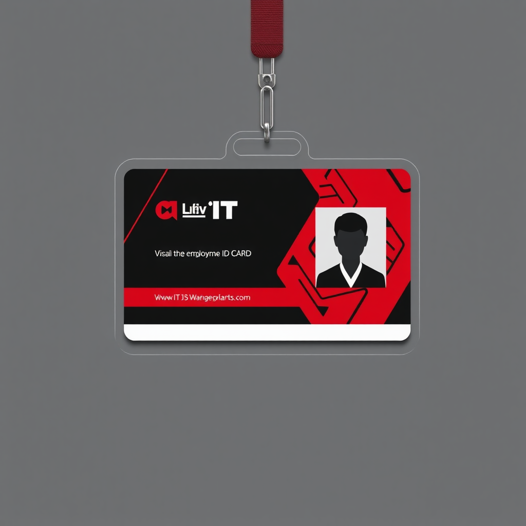 employee id card for IT company, professional themed, red and black dominant color