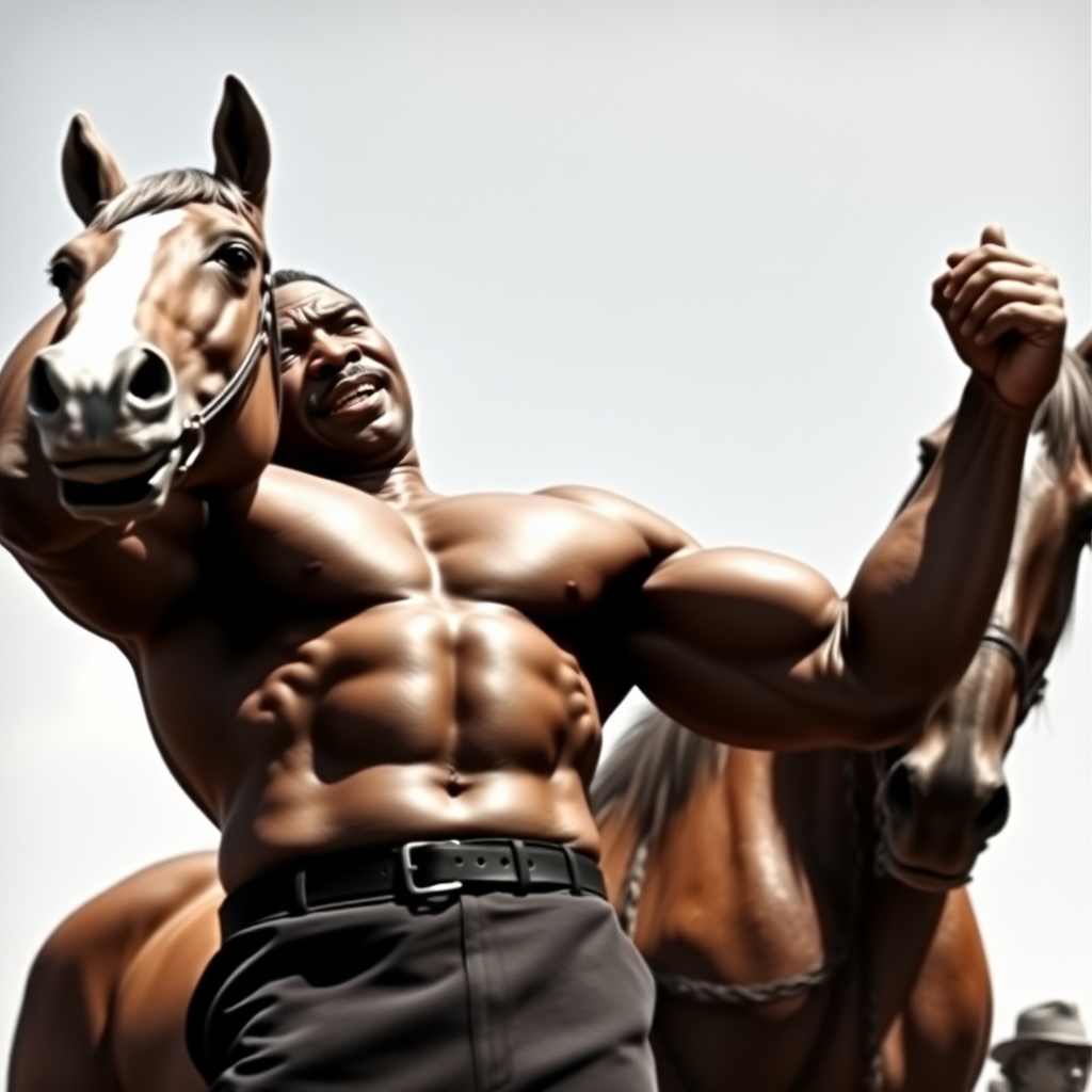 extremely muscular Martin Luther King after abusing steroids, flexing and lifting a horse.