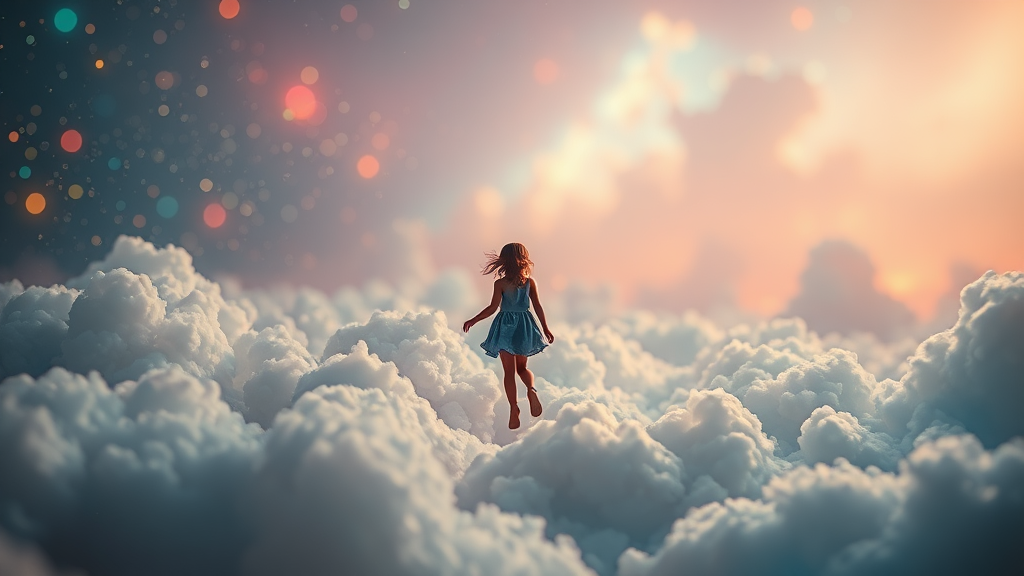 mandelbulb clouds, microscopy, Low Key Lighting, dreamscape, nebula, Bokeh, abstract, brilliant colors, glittering, translucent, iridescent, glowing, artistic photo, panoramic, airy, original, experimental, interdimensional, generative art, fractal, calm, preteen girl floating in the distance