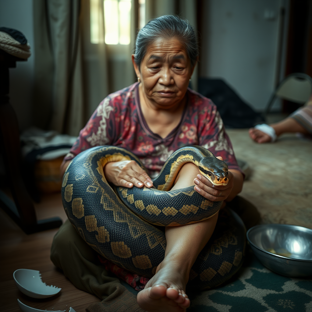 In Samut Prakan, Thailand, 64-year-old woman Arom Arunroj, with a pained expression, is sitting awkwardly at home. A 20-kilogram python is coiled around her; she is holding its head. There are bite marks on her leg and broken pieces of a bowl nearby. Cinematic lighting, available light.