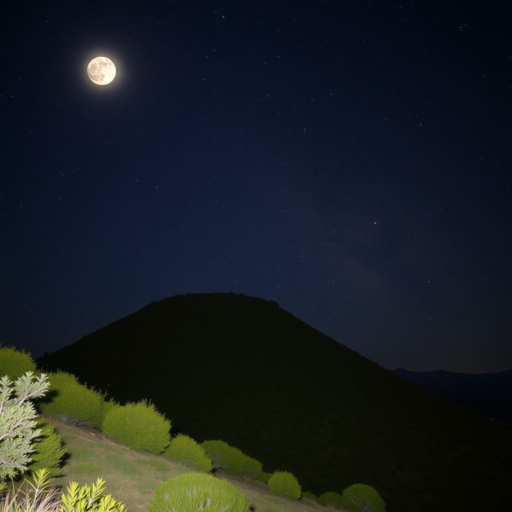 Hilly area of Marmilla, conical hill with vegetation, with the Moon and dark sky filled with stars, and the Milky Way.