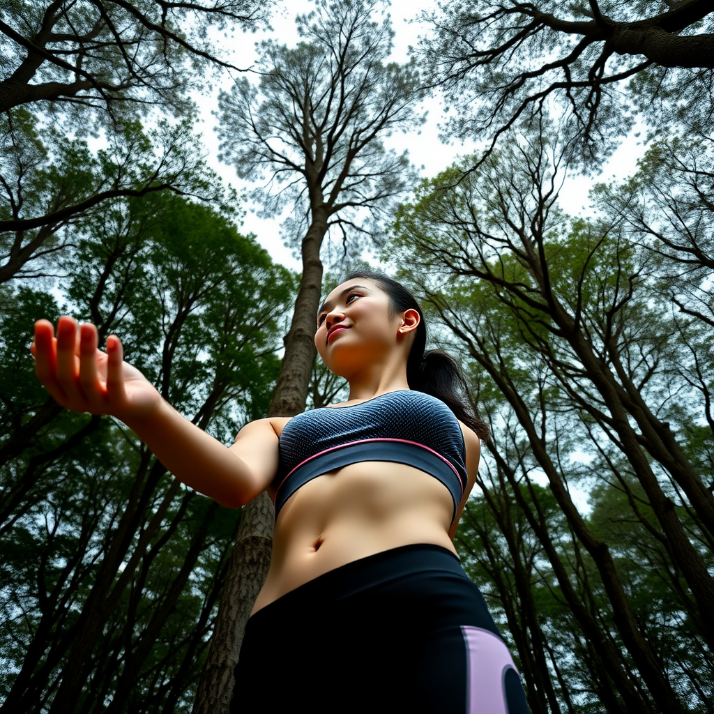 Photo full body low angle shot athletic Xiaomeimei holds her arm outstretched, looking at something resting on her palm. Above her are the tops of trees. Negative: bad anatomy.