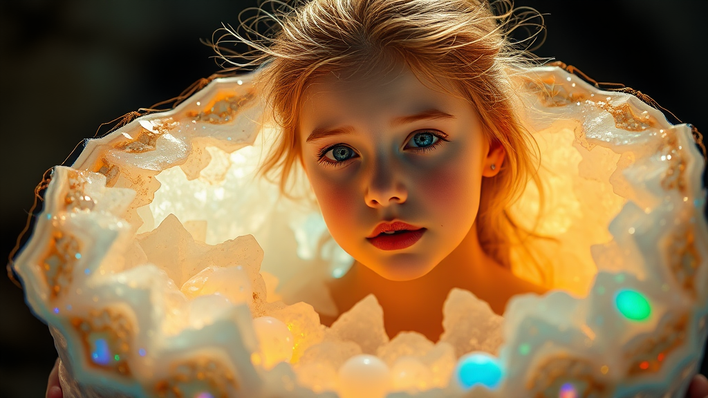 young girl, high quality photo, intricate environment, ultra-detailed, impressionistic, dynamic composition, artistic photograph, geode, alabaster, fractal, brilliant colors, glittering, sunlight, illumination, transparency, translucent, opal