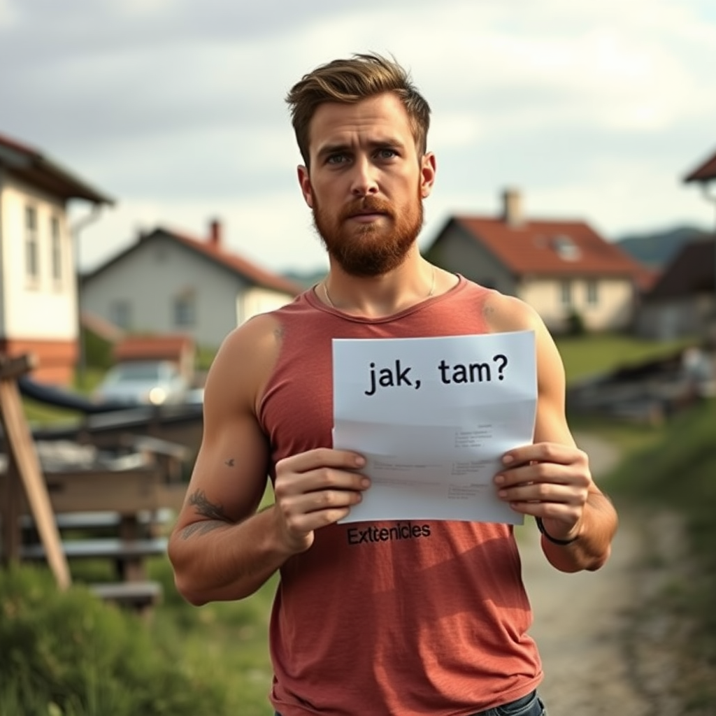 Photorealistic man with beard standing without t-shirt in eastern european country holding the paper saying jak tam alexis?