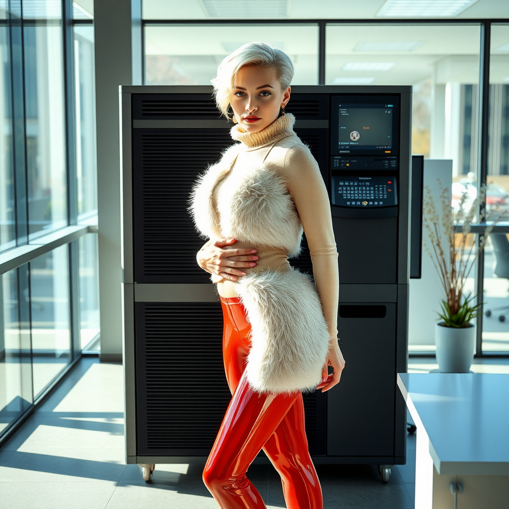 Sunny spring morning, modern glass-steel-concrete office, standing gracefully at Xerox: Nina, 17 years old very convincing femboy, tamed servile docile, very beautiful feminine flawless face, rather short, by hormones very curvaceous womanly figured, platinum blond short tight curls, no makeup, wearing Supertanya-style fluffy very fuzzy bright white angora restraining turtleneck-straitjacket, very tight bright red vinyl leggings, purple shiny vinyl pumps with golden high heels, white pearl belly piercing, gold earrings, hands tied under turtleneck-straitjacket, seductively looking at camera. Focus on face and turtleneck-straitjacket.