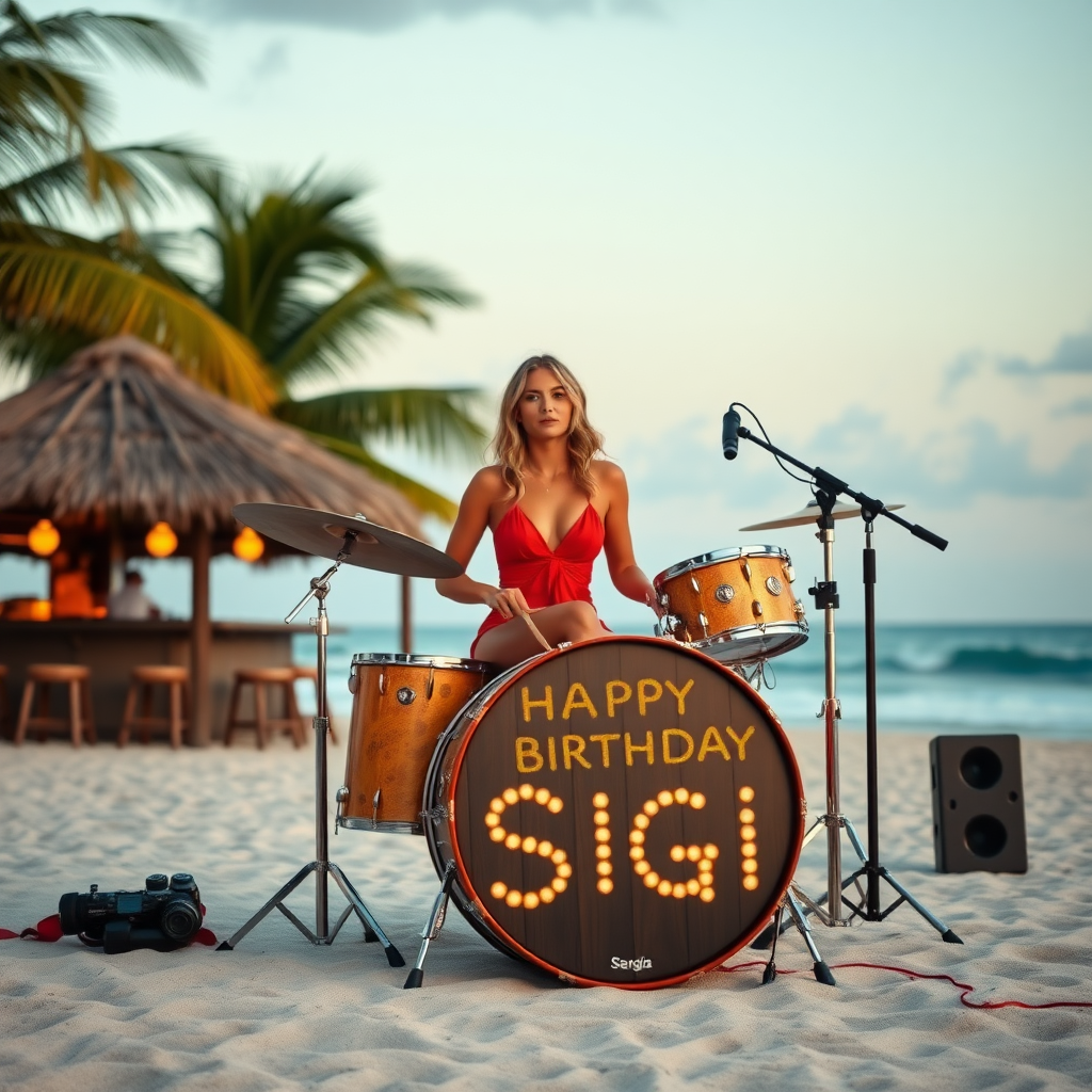 Lady sitting on drumset on beach with palms and bar, bass drum spelling the words "Happy Birthday Sigi"