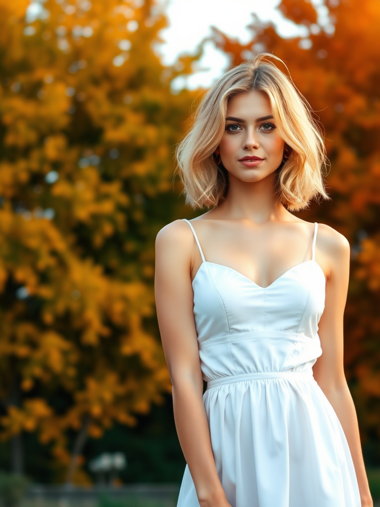 Beautiful model in the foreground with a short white dress, golden blonde bobbed hair, with beautiful autumn foliage in the background, in high definition.