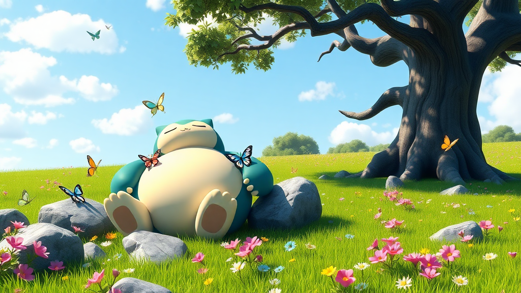 A digital illustration in a 3D rendering style depicts a serene and relaxing scene set in a lush meadow under a bright blue sky with scattered white clouds. The central figure is Snorlax, a large, blue and white Pokémon character with a round body, closed eyes, and a content expression, sitting comfortably among rocks in a vibrant green grassy field. Snorlax's body is curved, and it rests its head on one of the gray rocks, with sunlight creating shadows on its rounded belly. Its arms and legs are spread out, with lighter beige fur visible on its paws. The meadow is scattered with small, colorful flowers in shades of pink, purple, and blue, creating a tapestry of colors across the landscape. Several butterflies of various sizes and colors, including blue, yellow, pink, and light green, are seen fluttering around Snorlax and resting on the rocks and grass. One butterfly is perched on Snorlax's head, while another is on its belly. The background features two large trees with thick, dark brown trunks and branches extending overhead, their leaves depicted in various shades of forest green, creating a canopy of shade. The sky above is clear and light blue, with soft, white clouds. The scene is brightly lit by natural sunlight, casting soft shadows and highlighting the vibrant colors of the landscape. The overall mood is peaceful and idyllic, enhanced by the high contrast, saturation, luminance, and the balanced exposure of the image. The composition follows the rule of thirds, with Snorlax placed slightly off-center to the left, creating a harmonious and visually appealing image that captures the essence of a tranquil moment in nature.