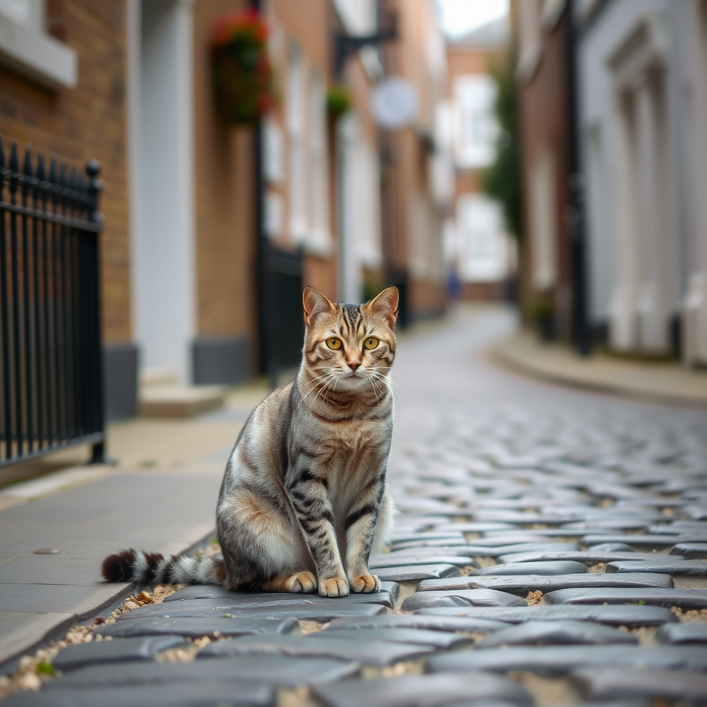 Grey tabby cat sitting on a cobblestone street in a quiet London neighborhood