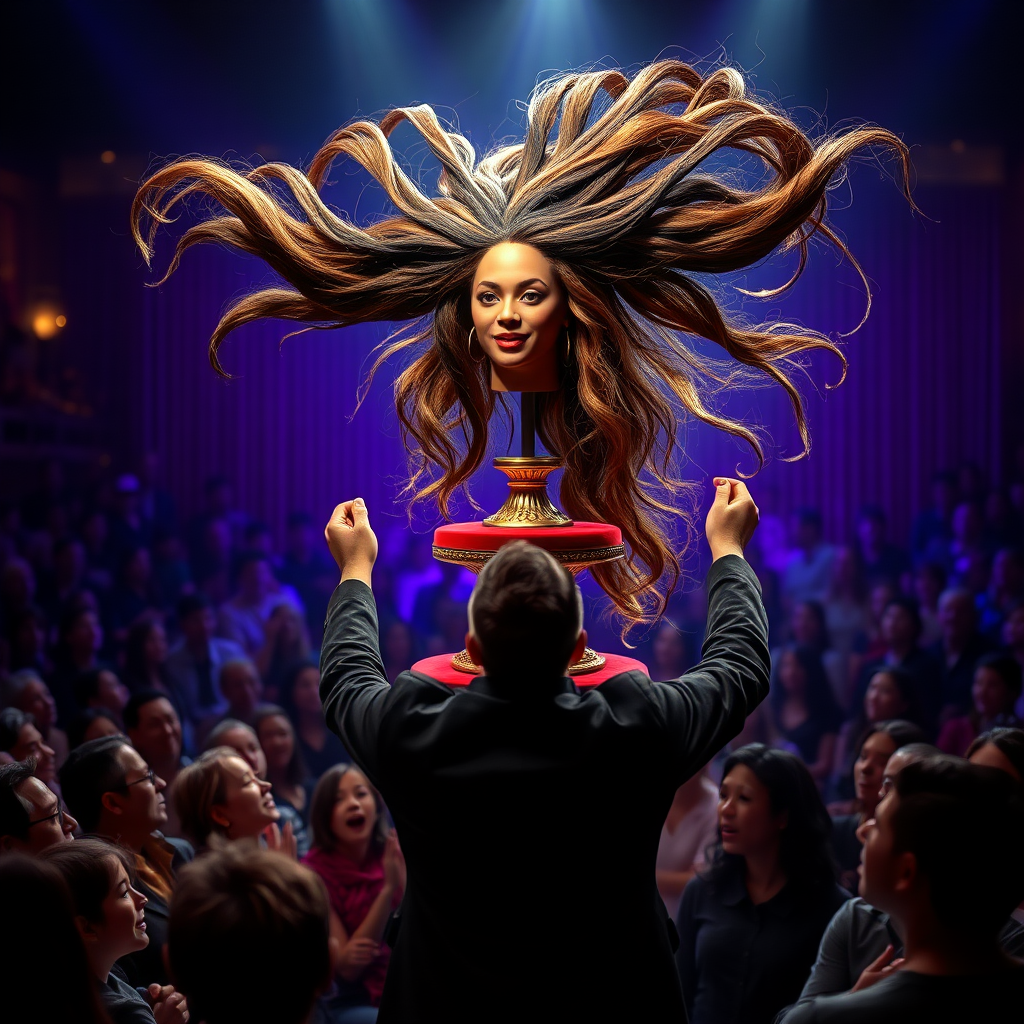 A magician captivates the audience with a stunning display of illusion. Atop an ornate velvet display stand rests the glamorous head of Beyoncé, her radiant complexion and striking features enhanced by glimmers of stage lighting. Her remarkably long hair cascades elegantly, flowing like a waterfall of rich, dark silk, and the strands glisten with hints of gold as they catch the soft light.

The magician holds up the luxurious mane with a flourish, spreading it wide for everyone to admire. The air is charged with suspense as he expertly manipulates the hair, twirling it gracefully around his fingers, creating mesmerizing shapes that seem almost alive. The audience, consisting of enraptured spectators of all ages, leans forward in their seats, eyes wide with astonishment and delight, gasping at the breathtaking spectacle unfolding before them.

The atmosphere is electric with anticipation, punctuated by the faint rustle of silk and the soft rhythm of the magician's movements. A series of enchanting music notes rises from concealed speakers, harmonizing perfectly with the visuals, enhancing the wonder of the performance. The vivid colors of the stage, from deep blues to striking purples, create an otherworldly backdrop, setting the scene for this extraordinary moment of magic and beauty.