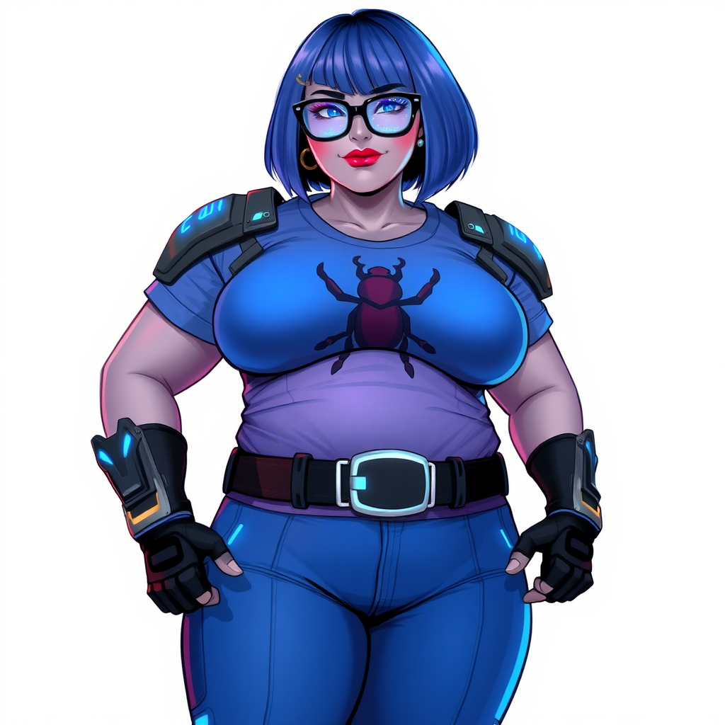 A 28-year-old, full-figured, middle gray-skinned computer program hybrid with a striking maximum blue bob cut. She has a non-athletic build, highlighted by a prominent, round, large midsection (with heavy emphasis on her belly) that showcases the results of her pampering. As the cherished digital sidekick to her cyberpunk vigilante boyfriend, her middle gray metallic skin and maximum blue lipstick emphasize her digital essence. She dons a digital, computerized costume featuring a large, tight-fitting, maximum blue t-shirt with a neon blue glowing beetle icon on the chest, hi-tech shoulder pads with neon blue accents, a black hi-tech belt with a digital neon blue glowing buckle, and digital maximum blue biker pants with neon blue accents. Her look is completed with black hi-tech fingerless biker gloves with neon blue glowing accents. Her neon blue glowing eyes, black eyeglasses with a neon blue glowing HUD built into the lenses, and a shy smile with neon red blush highlight her nerdy charm. She stands bashfully with her hands behind her back, her costume covering all her skin and emphasizing her full-figured physique, especially her belly. Despite her non-athletic build, she radiates beauty. Her slim face contrasts with her physique, accentuating her radiant beauty. She is depicted on a solid white background. She is drawn as if she were in a retro 2D cyberpunk fighting game.