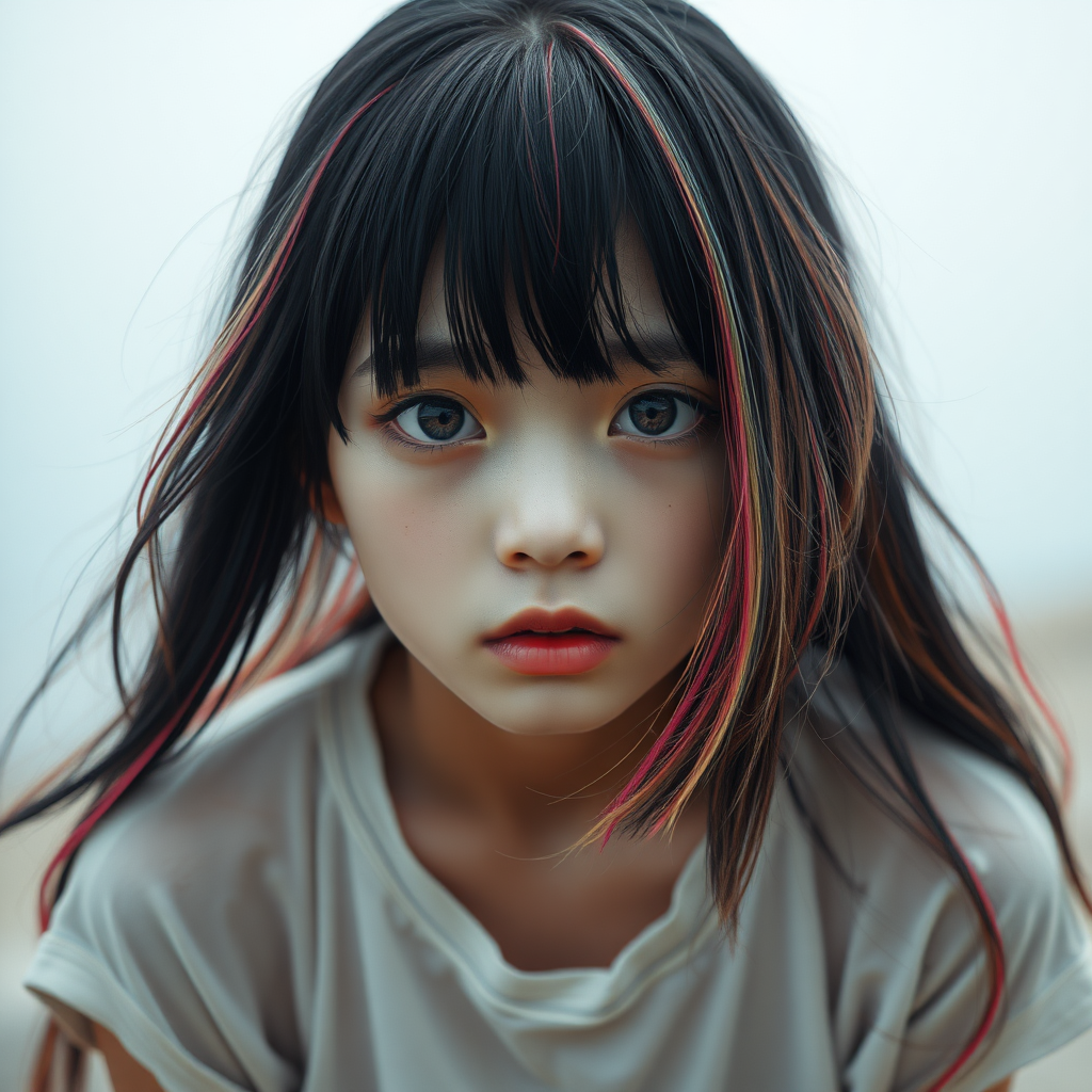 A beautiful homeless mysterious surreal Asian young girl in a very old, transparent white T-shirt, see-through, with black and rainbow-colored hair and red eyes, she is looking sad without hope in her eyes, crying one teardrop, heartbreaking.