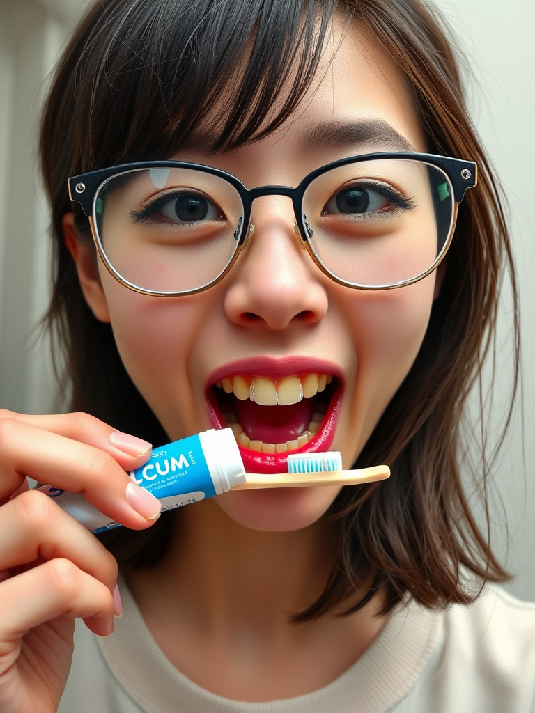 detailed, perfect proportion, high realism, real casual photo, japanese nerdy skinny woman with big nose, big mouth, big yellowish teeth, moles, big eyeglasses and medium hair, retarded, she is putting a toothpaste called "CUM" on her toothbrush