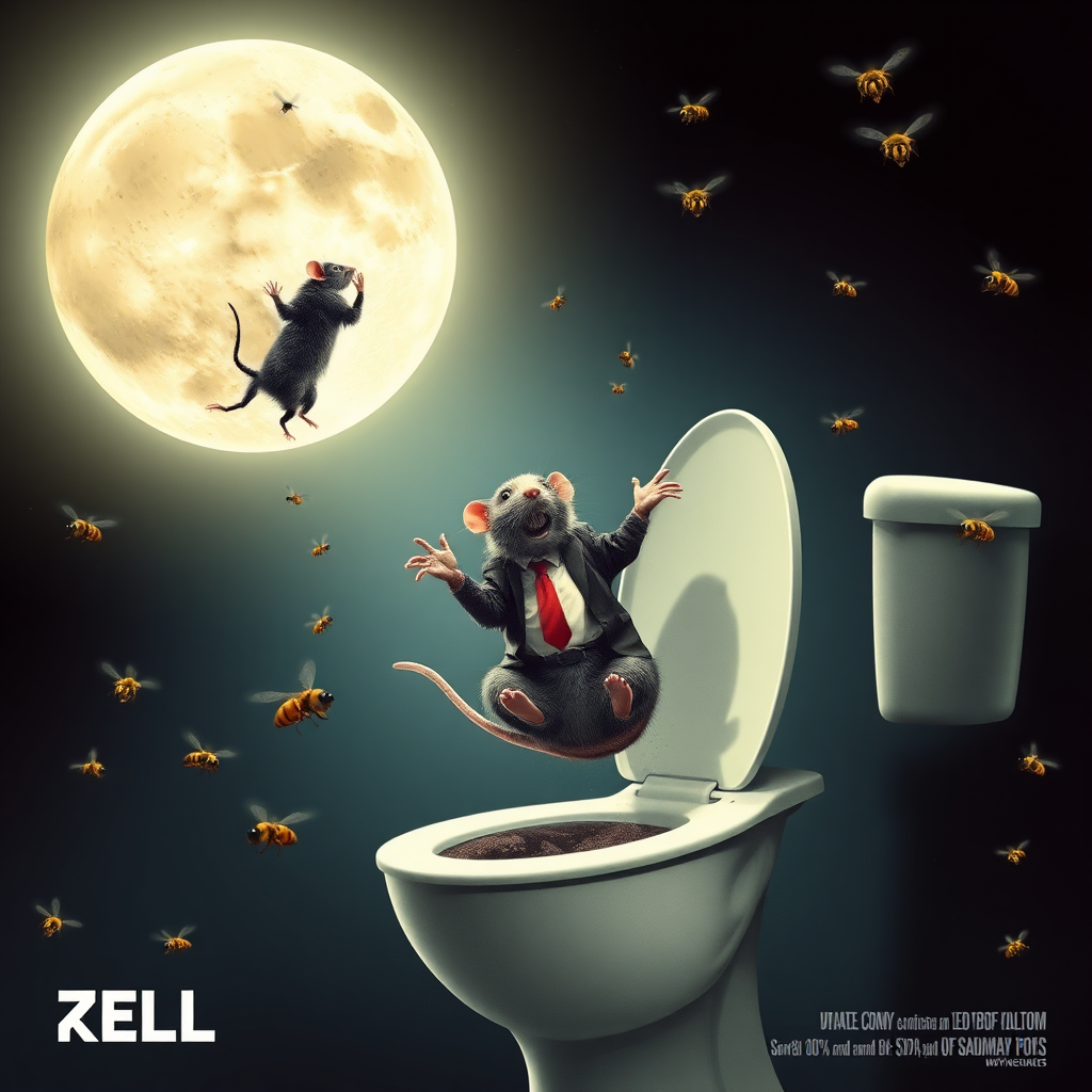 A rat politician diving off the moon into a toilet, bees, 2000s musical movie poster, no text, hell