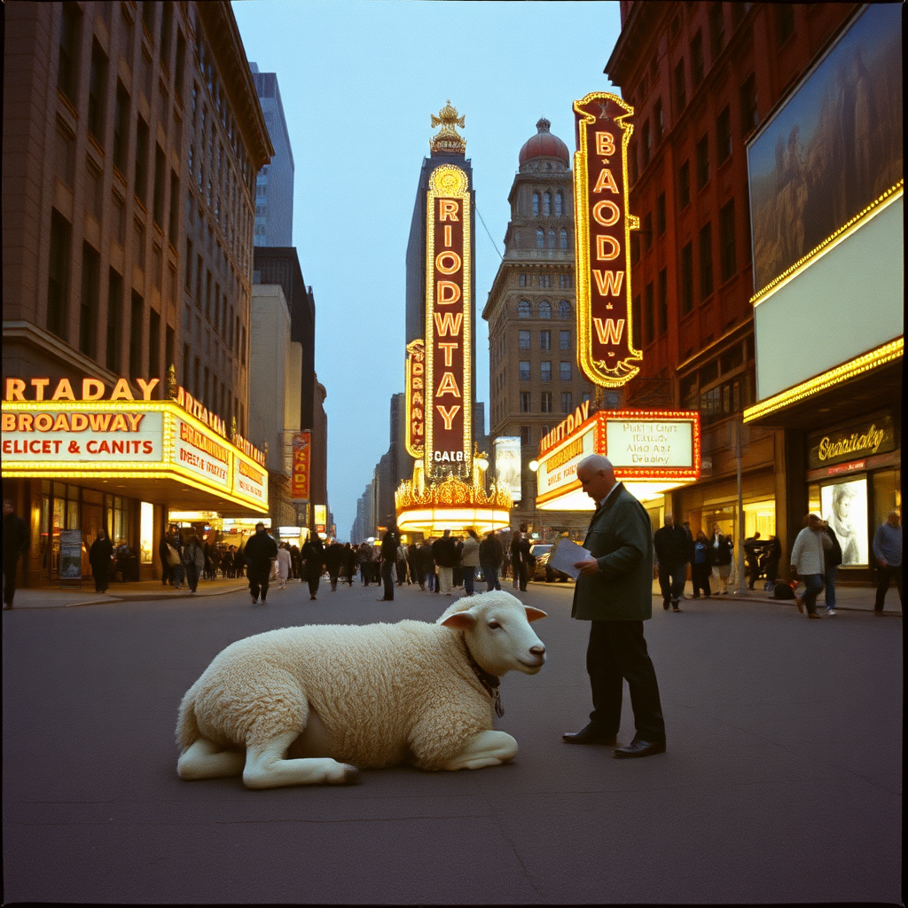 highly detailed Kodachrome color real photograph from 1974 of And the lamb lies down on Broadway  
On Broadway  
On Broadway (they say the lights are always bright on Broadway)  
On Broadway (they say there's always magic in the air)  
On Broadway  
On Broadway (they say the lights are always bright on Broadway)  
On Broadway (they say there's always-)  