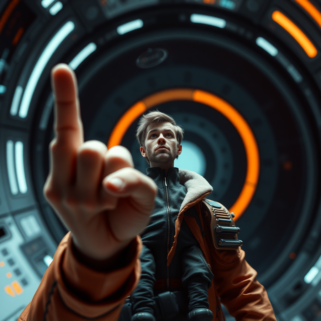 Sci-fi digital art. Tiny man looking up at the viewer and showing middle finger.