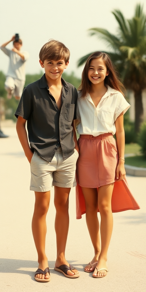 Vintage photo, 1980s. Hot summer. Mars. A tall skinny 13yo teen boy wearing short shirt, tight booty shorts, long legs, bare thighs. With a girl wearing shirt, long skirt. Full length view.