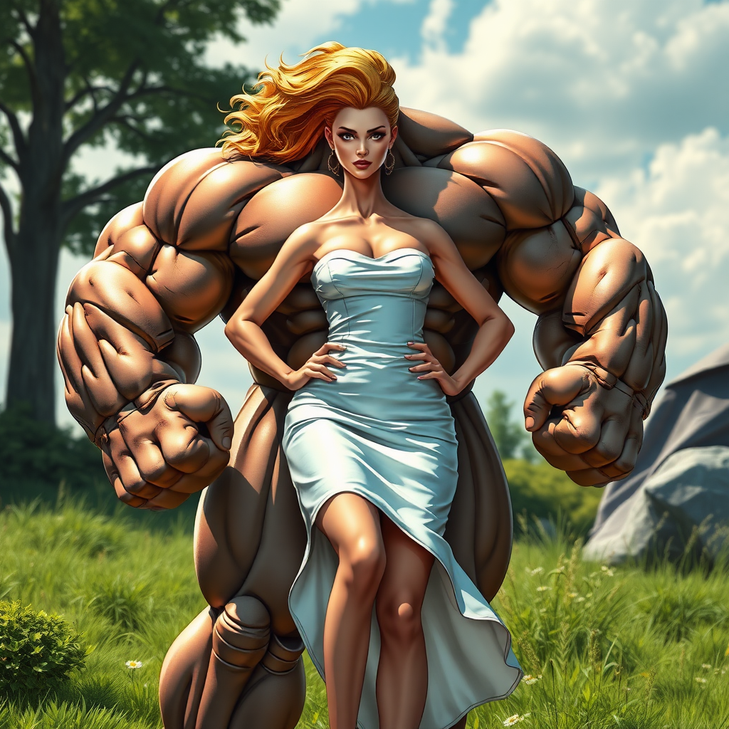 jacked massive huge bodybuilder girl, strapless dress, super hero