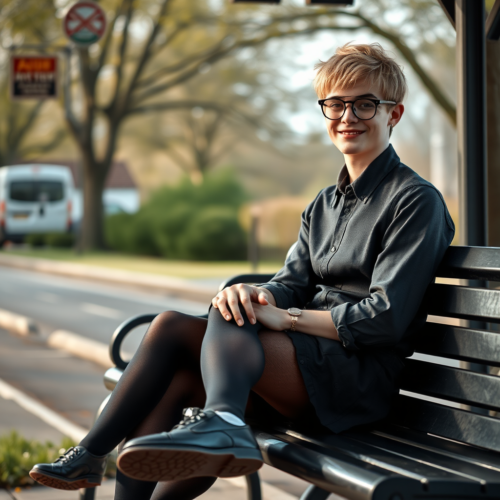 photorealistic, ultra high resolution, 16K, surreal fantasy, soft studio lighting, a pretty 18 year old goth male, slim male physique, short blonde hair, black glasses, goth makeup, earrings, shiny black pantyhose, UK girls-school uniform, Mary-Jane shoes, sitting on his boyfriend's lap on a bench waiting for the school bus, in daylight, excited smile, facing the camera.