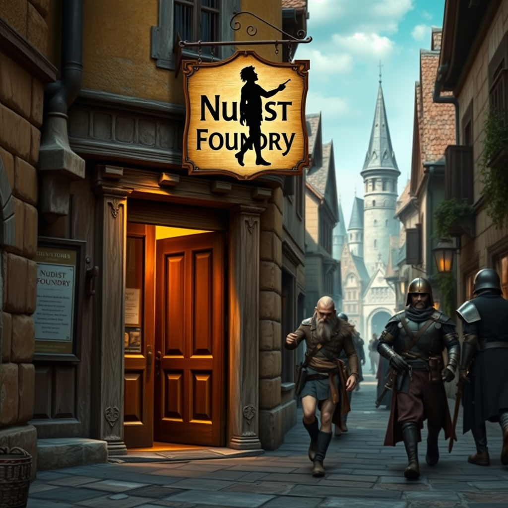 A city street in a fantasy village. Adventurer hastily leaving the door of a shop. Sign above the door says "Nudist Foundry" with a sign consisting of a silhouette image of a man holding a short pole with both hands pointing away from his midsection in a humorously erotic manner. City guards walk by, photorealistic matte painting.