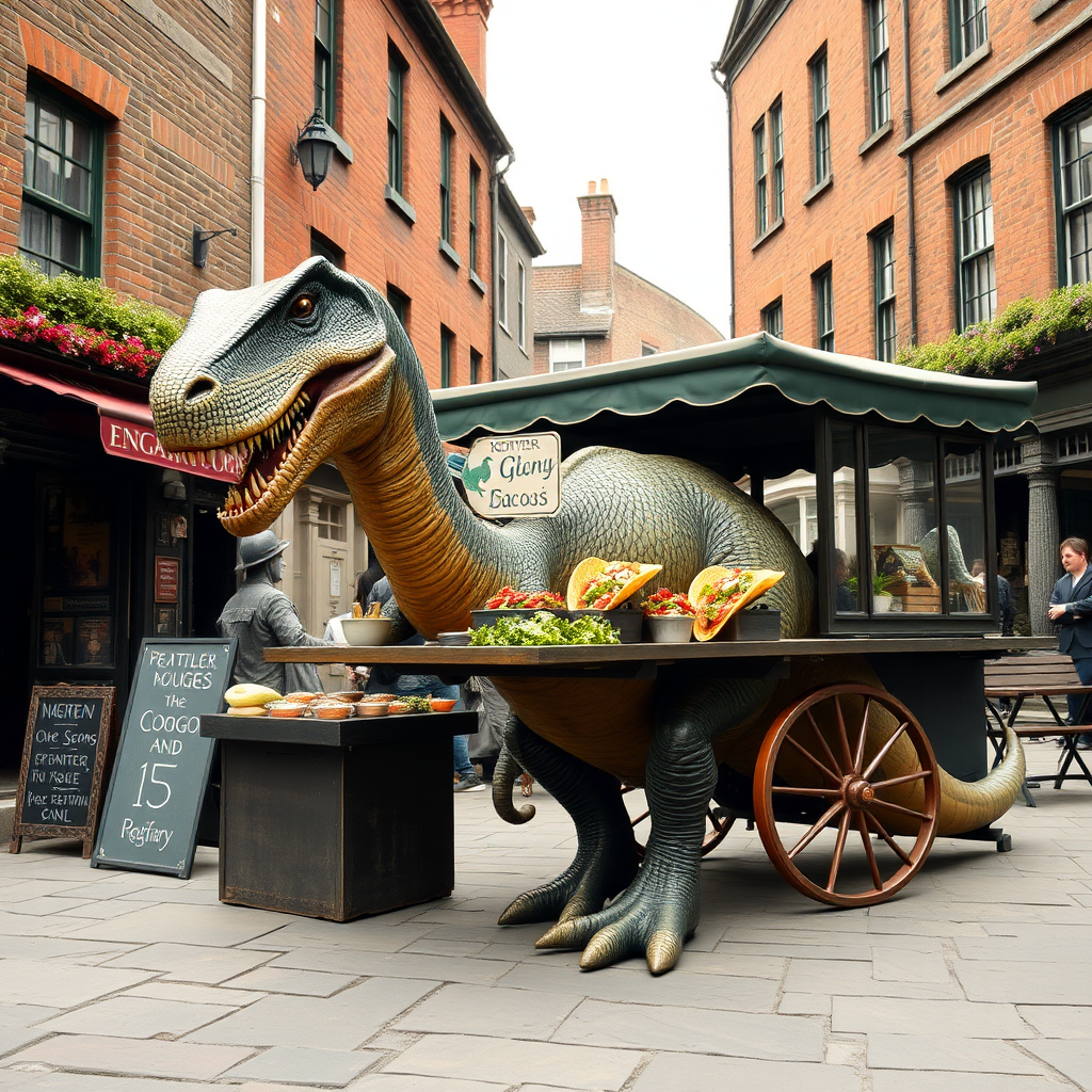 A dinosaur selling tacos in Victorian England