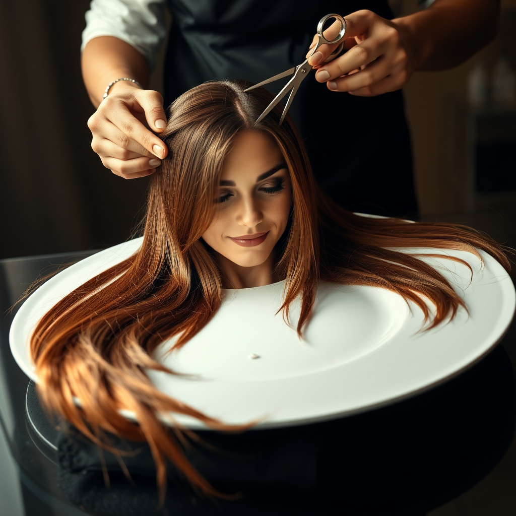 In a bizarre, surreal tableau, the polished surface of an elegant dining plate cradles the disembodied head of a strikingly beautiful Kate Middleton, her long, flowing hair cascading like a glossy waterfall of deep chestnut and honey highlights. The hair is luxuriously arranged, strands shimmering under the soft, ambient light that bathes the scene in an ethereal glow.

A skilled hairdresser, clad in a sleek black apron, stands poised with a pair of gleaming scissors, carefully trimming the endlessly luxurious locks that frame Kate's serene, almost ethereal features. The air is thick with the scent of salon products mingling with delicate hints of floral fragrances, creating an unusual yet strangely inviting atmosphere. The hairdresser's focused expression reveals a meticulous dedication as snippets of hair fall gracefully onto the pristine plate, echoing a sense of both artistry and absurdity.

The overall emotional tone conveys a dreamlike quality, inviting viewers to ponder the juxtaposition of beauty, identity, and the bizarre circumstances that bind them in this extraordinary moment.