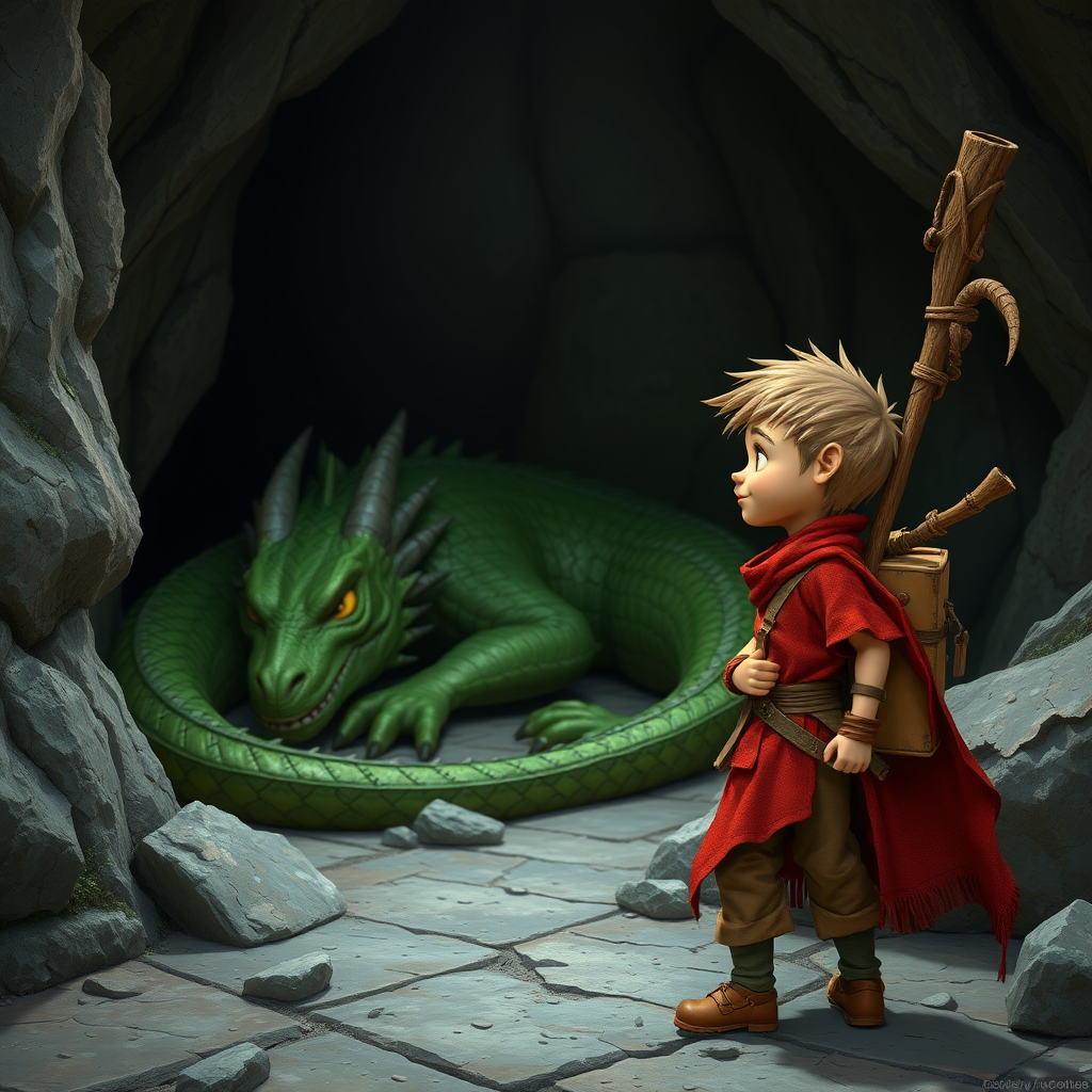 A realistic shot of a small, skinny, light brown, kobald in a tattered red tunic and dirty brown pants wearing a quaterstaff on his back who is excited to see a large sleeping green dragon in a cave