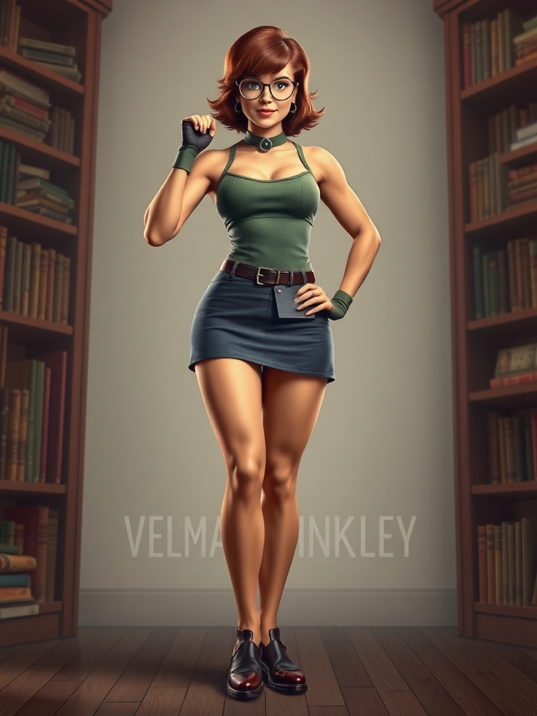 Create a full-length photorealistic image of a composite character featuring Velma Dinkley, utilizing the inverted triangle body type typical of a male bodybuilder. Maintain Velma's original head, hairstyle, and facial features. Preserve and adjust her classic costume to fit her new body structure. Design a background that draws inspiration from Velma's character, incorporating elements like bookshelves, magnifying glasses, or other mystery-solving motifs to enhance the scene's context.