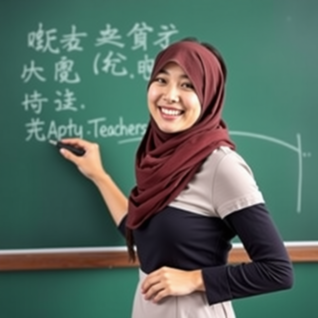 slim, 30 year old, sexy, chinese female school teacher, scarf head. She is smiling and teaching on a blackboard