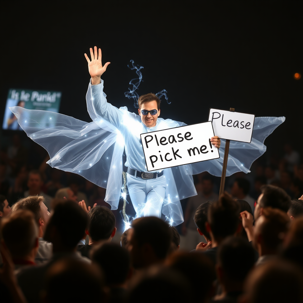 An ethereal mystic superhero eagerly jumps out of a crowd raising and waving his hand. His other hand holds a sign that reads "Please pick me!"