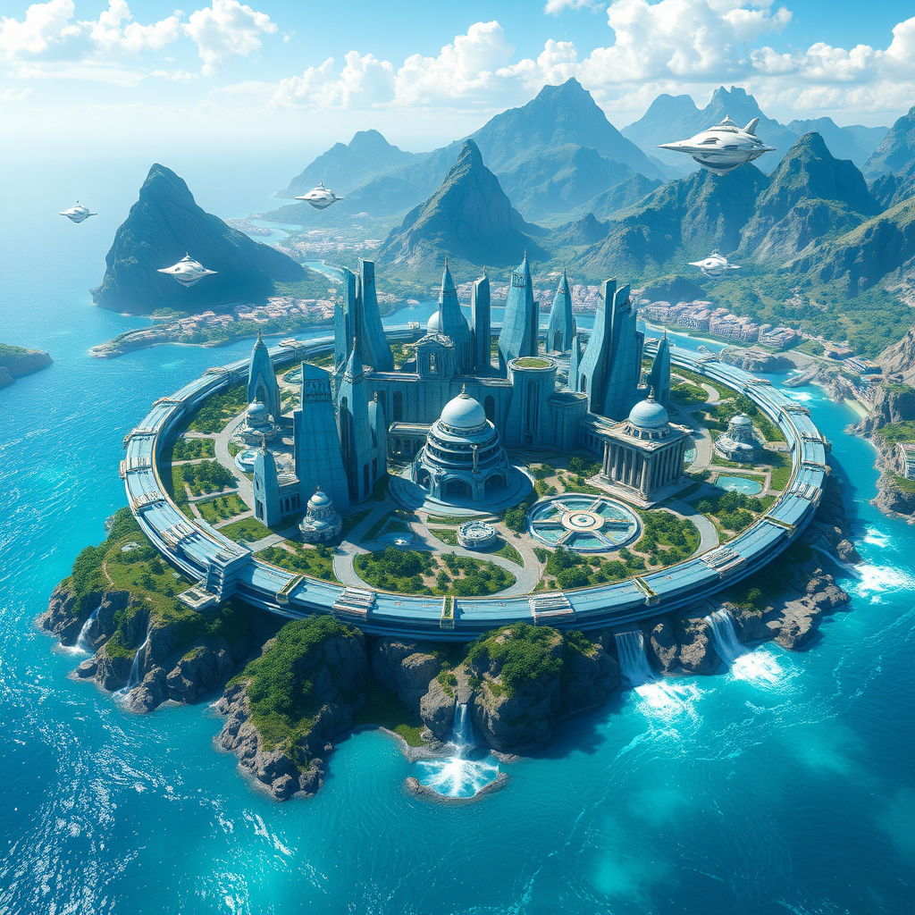 In this 8k resolution anime art, the scene presents an awe-inspiring and cinematic view of Greater Atlantis, a technologically advanced Greek-styled city. The cityscape is grand and expansive, featuring towering, uniquely-shaped structures crafted from blue marble, their intricate designs reflecting a blend of classical elegance and futuristic innovation.

The city is encircled by a massive ringed structure, creating a dramatic and protective barrier that adds a sense of grandeur and scale to the scene. This ringed structure is both functional and ornamental, its design seamlessly integrating with the overall aesthetics of the city.

The surrounding waters are expansive and crystal clear, with white, technologically advanced objects gracefully hovering above the surface, adding a touch of futuristic technology. These floating elements contrast beautifully with the natural landscape, creating a harmonious blend of the organic and the synthetic.

Mountains rise majestically in the background, their peaks adorned with cascading waterfalls that shimmer in the light. The waterfalls tumble down the rocky slopes into the waters below, creating a serene and picturesque setting.

Tropical lands with lush greenery and vibrant flora spread out around the city, enhancing the sense of paradise and luxury. The combination of advanced technology and natural beauty encapsulates the essence of Greater Atlantis, making it a captivating and immersive world.

The entire scene is rendered with high-quality cinematic visuals, capturing the grandeur and magnificence of this extraordinary city in stunning detail.