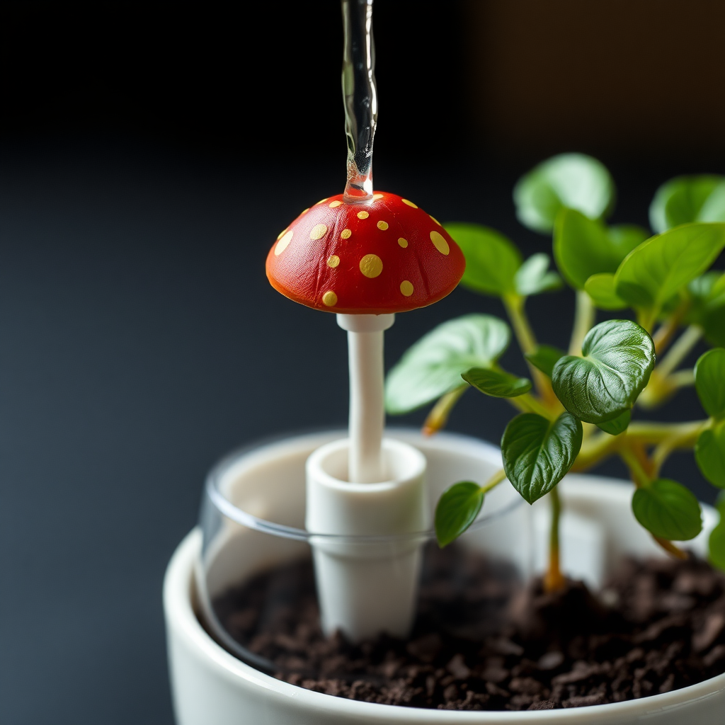 Here's the prompt you can use for your Flux image generator:

"A small mushroom-like structure inserted into a plant pot. The mushroom head has red with yellow spots. Water flows through a thin pipe from a hidden water tank below the pot, through the pot, and into the mushroom, evenly watering the plant's soil. The water tank holds 2-5 liters and the system is compact, minimalistic, and designed for small indoor plants. The overall design is clean and functional, with the mushroom dispersing water across the plant efficiently." 

Feel free to adjust any details based on the capabilities of your generator!