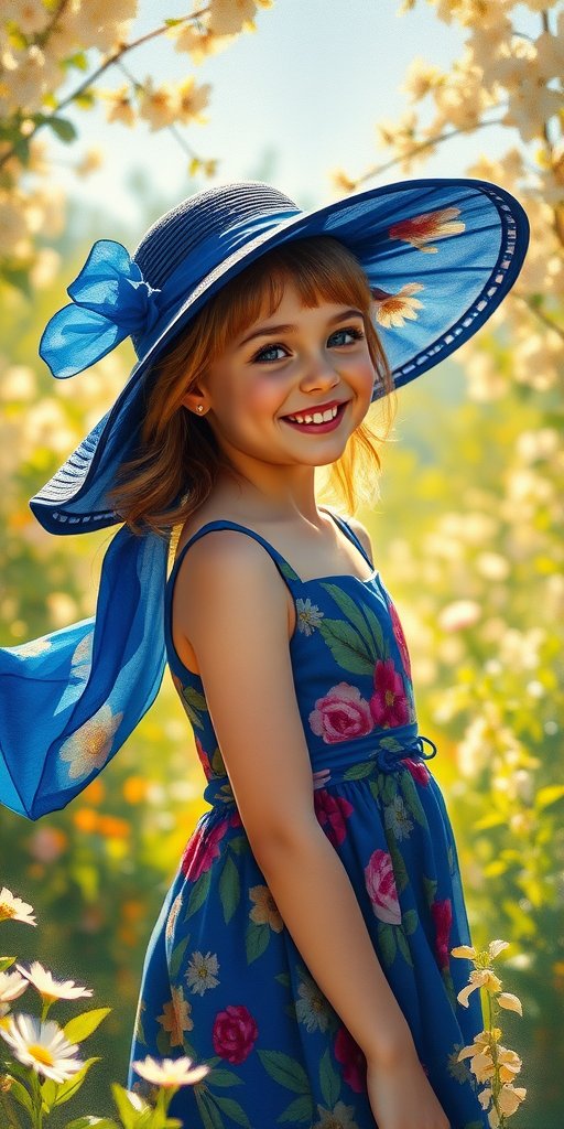 In a sun-drenched garden, a young girl is gracefully donning a large, elegant wide-brimmed hat that flutters gently in the soft breeze, the fabric a rich, deep cobalt blue adorned with vibrant floral patterns. This exquisite moment is captured in the signature style of Pino Daeni, showcasing his academic roots intertwined with the serene beauty of Australian tonalism. The scene, rendered in stunning 8k resolution, evokes a sense of whimsy and tranquility, as if one were walking through a peaceful museum filled with art.

The artwork is created using a gouache technique that emulates the fluid grace of watercolor, presenting a lush impressionist tableau where layered colors dance upon the canvas. Thick brush strokes—bold yet expressive—engage the viewer, inviting them to explore the intricate textures of impasto gouache that rise from the surface in a tactile display. Numerous hues intermingle; warm yellows and greens illuminate the background, while cool blues splash artistically across the canvas, lending a sense of calm.

Sunlight filters through the surrounding blossoms, their delicate petals captured with a masterful touch, as they sway gently with the rhythm of nature. Each brushstroke conveys not just color, but emotion—drawing the viewer into the scene where the girl, with a beaming smile, revels in her enchanting world, her hat casting a playful shadow across her beaming face. The overall atmosphere is a harmonious blend of joy and serenity, allowing the audience to momentarily escape into a vibrant oasis of creativity.