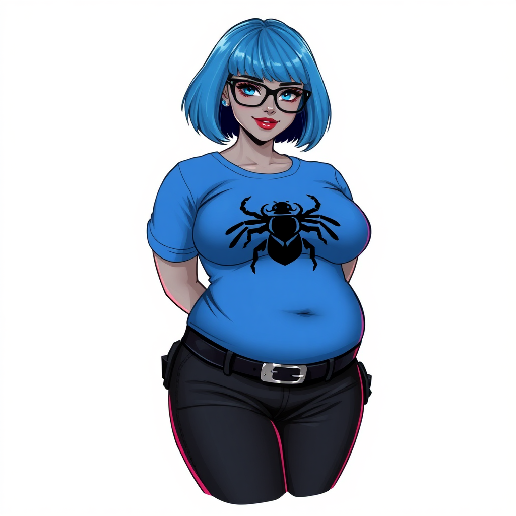 A 28-year-old, full-figured, metallic middle gray skinned computer program hybrid with a maximum blue bob cut. She has a non-athletic build, highlighted by a prominent, round midsection (with a focus on her belly). As a digital sidekick and computer hacker to her cyberpunk vigilante boyfriend, her middle gray metallic skin and maximum blue lipstick emphasize her digital nature. She wears a tight-fitting, maximum blue t-shirt (accentuating her belly) with a black chest icon of a beetle on its chest, black pants, a black belt with a sapphire scarab buckle, and black gloves. Her bright blue eyes, black eyeglasses, and shy smile with neon red blush accentuate her nerdiness. She bashfully bows her head with her hands behind her back, her t-shirt covering her midsection (especially her belly) and emphasizing her full-figured, non-athletic physique. She is on a solid white background. She is drawn as if she was in a retro 2D cyberpunk fighting game. She is clearly non-athletic, with a focus on her full figure. Make sure her t-shirt covers her midsection (especially her belly).