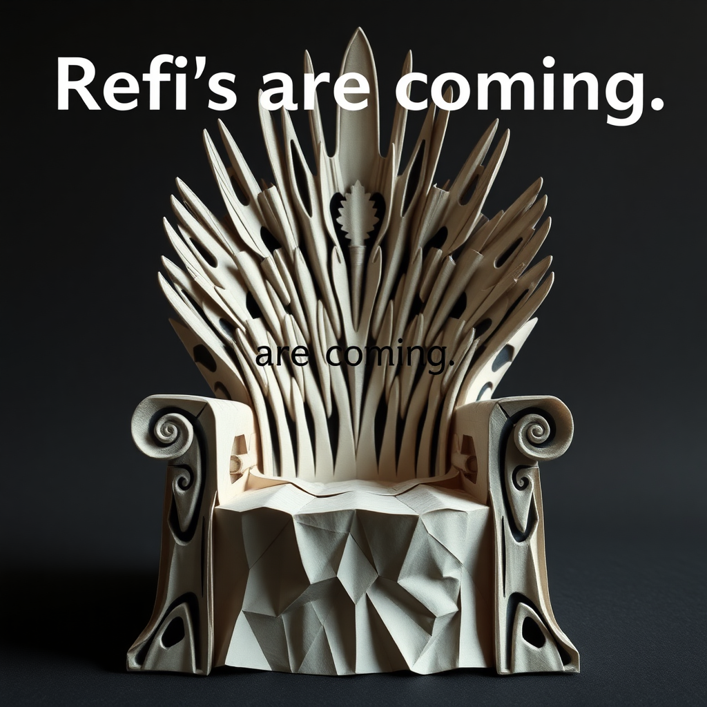 The game of thrones chair made out of paper. The text in the background says “Refi’s are coming”. (Refinancing vibes.) The image is photorealistic, cinematic, and epic.