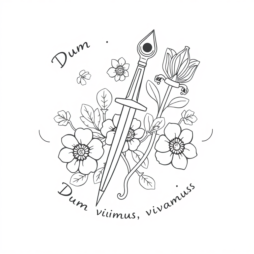 a black on white, floral, line design containing a scalpel, an asclepius staff, and a line of text saying "Dum vivimus, vivamus"