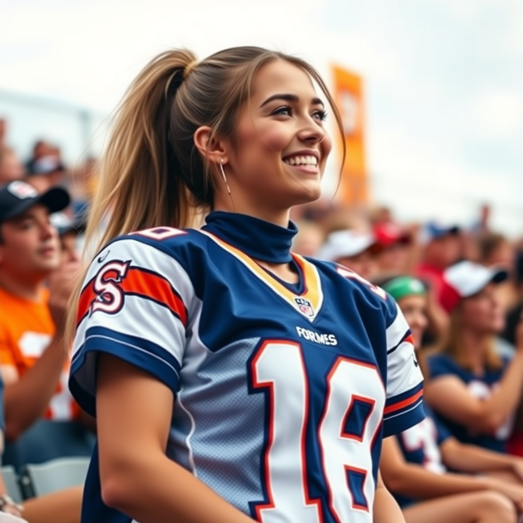 Attractive female NFL fangirl, pigtail hair, jersey, cheering, in the bleacher crowd