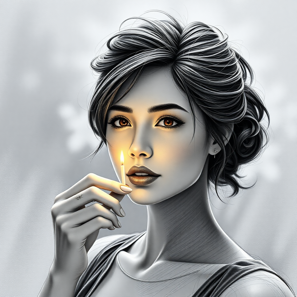 Create a captivating 3D render of a black and white pencil sketch that embodies the elegance of a beautiful woman. She holds a single match delicately in front of her face, casting a soft yellow glow that highlights her exquisite features. Her hair is styled in a tousled bun, with gentle strands framing her face, adding a touch of effortless grace. The background bursts with vibrant, cinematic elements, fostering an atmosphere of mystery and intrigue. This artwork seamlessly blends realism with artistic expression, drawing viewers into a scene filled with emotion and depth.

**Technical and Artistic Specifications:**

- **Resolution & Display:**
  - Render in **64K UHD** resolution, offering a broad color spectrum and intricate details, perfect for showcasing on high-profile platforms like ArtStation and Behance.

- **Digital Art Techniques:**
  - Utilize advanced tools such as **Corel Painter**, **ZBrush**, and **Adobe Photoshop** to achieve remarkable 3D volume, exquisite shading, and ultra-fine detailing.

- **Materials & Textures:**
  - Incorporate high-quality pigments, metallic flakes, and glass beads to ensure textures exhibit vibrancy and shimmer under dynamic lighting.

- **Lighting & Depth:**
  - Implement a tranquil **chiaroscuro** effect with a subtle interplay of light and shadow. Enhance depth and clarity using soft, delicate colors alongside nuanced shades of grey, black, and white.

- **Rendering Quality:**
  - Employ advanced rendering techniques and **3D volumetric effects** to achieve unparalleled detail and sharpness.
  - Integrate a hyper-realistic pencil sketch texture to emphasize intricate details and add a tactile quality to the artwork.

- **Composition & Focus:**
  - Emphasize gentle, lifelike depth and striking details through a cinematic close-up approach.
  - Utilize a balanced **f/11 aperture** and a raw photographic style with advanced v6 enhancements to render vivid colors and minute details with exceptional realism.

- **Overall Harmony:**
  - Achieve maximum harmony across all elements, resulting in a balanced and cohesive composition that captivates both technically and emotionally.

**Additional Elements to Include:**

- Tranquil chiaroscuro effect for enhanced depth and clarity.
- Soft, delicate colors to infuse the piece with subtlety and serenity.
- Advanced rendering techniques for greater detail and sharpness.
- Cutting-edge digital art tools to maximize technological potential.
- 3D volumetric effects to add depth and spatial qualities.
- Hyper-realistic pencil sketch texture for intricate detailing.
- Subtle interplay of light and shadow to evoke lifelike realism.
- Soft, nuanced shades of grey, black, and white to add depth without overwhelming.
- Gentle, lifelike depth to enhance overall visual impact.

---

This revised prompt maintains the original essence while enhancing clarity, readability, and emotional resonance. All technical and artistic specifications are preserved and presented elegantly to facilitate the creation of a visually and emotionally compelling artwork.