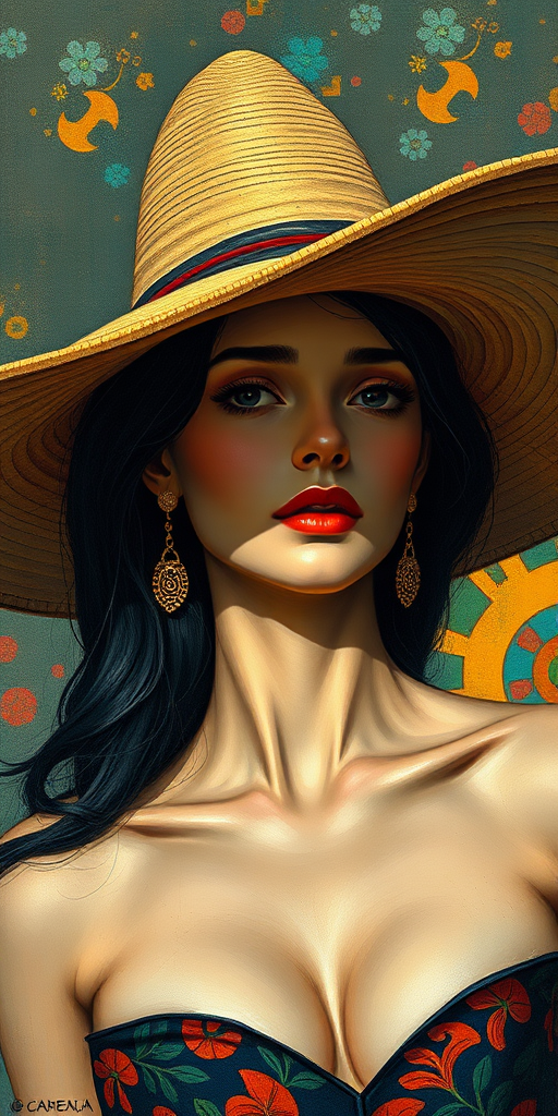 A wide-brimmed sombrero hat throws a shadow over the head and body of a young woman, in a style reminiscent of Gustav Klimt. The artwork is a fusion of art deco and cubism, rendered in 8k resolution as concept art. It embodies splash art and neo-impressionism with an expressionist flair, resembling an oil painting with smooth post-impressionist impasto techniques and thick, colorful layers of textured acrylic paint.