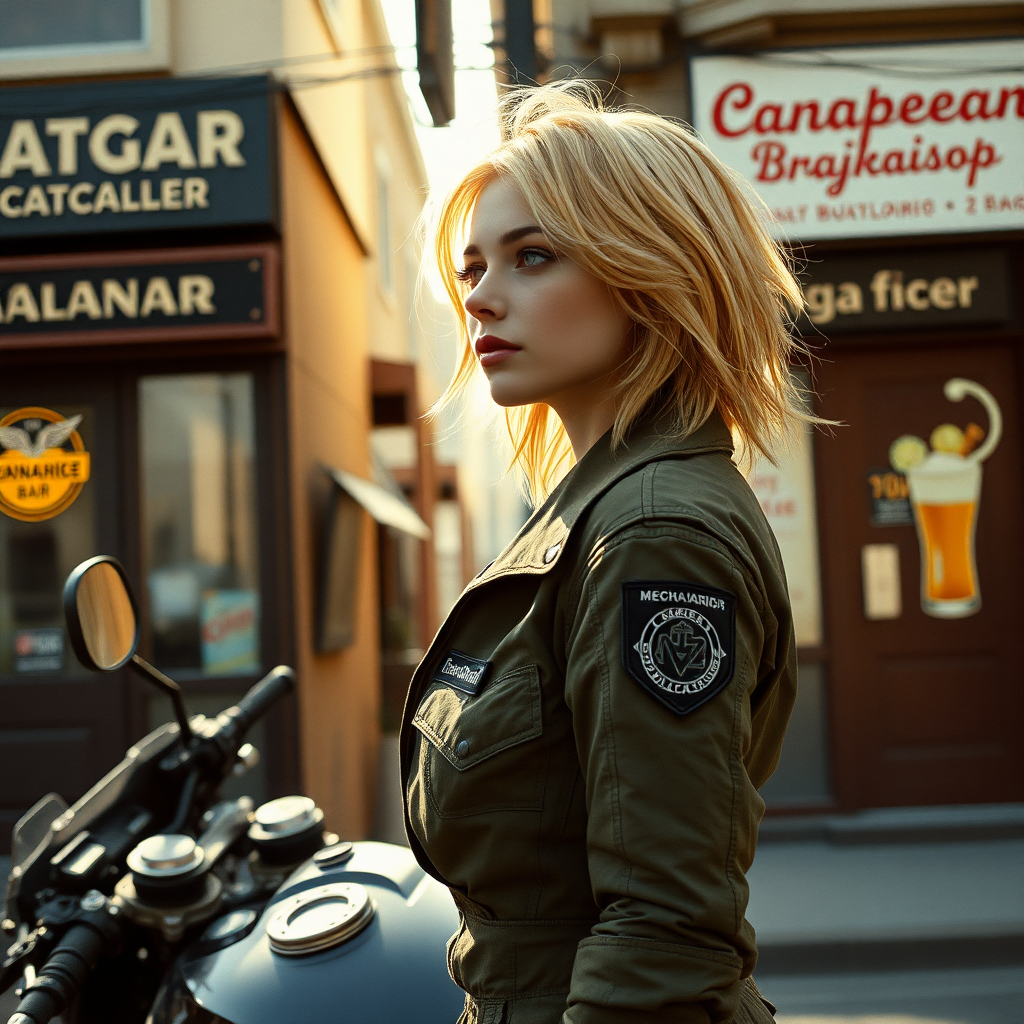 A girl with face like (Ana de Armas), pale, no makeup, messy shoulder length strawberry blonde hair, athletic, wearing a flight suit, "Benaenae" badge on the pocket. She is sitting on a motorcycle, looking down the street away from us. Mechwarrior urban, a bar with the words "Canopean Catcaller" above the door. Morning, bright. Advertisement for a drink called "Brajkaisop". Hyperrealistic, film grain, soft focus. Science fiction elements.