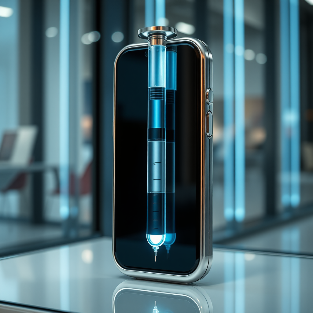 A mobile phone in the shape inspired by syringe, metallic futuristic, kept for sale, in showroom