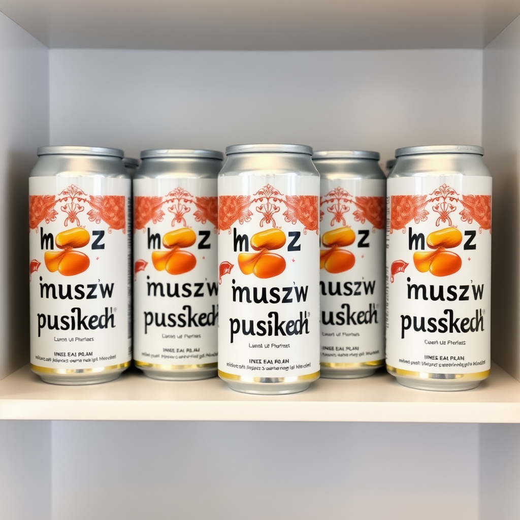 a small shelf with cans that have an image of home fly on the label and text saying "musz w puszkach", the text should say "musz w puszkach" with no errors, "musz w puszkach", "musz w puszkach", "musz w puszkach", "musz w puszkach"