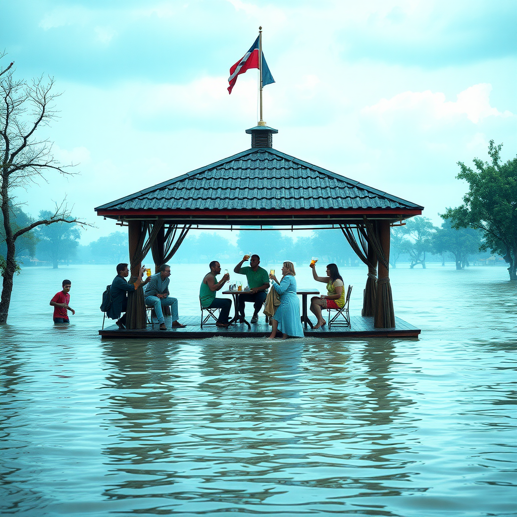 Create an image of a pavilion in a flooded environment and people comically partying on it drinking beer while the world is going to shit. Focus on the humorous contrast of the situation.